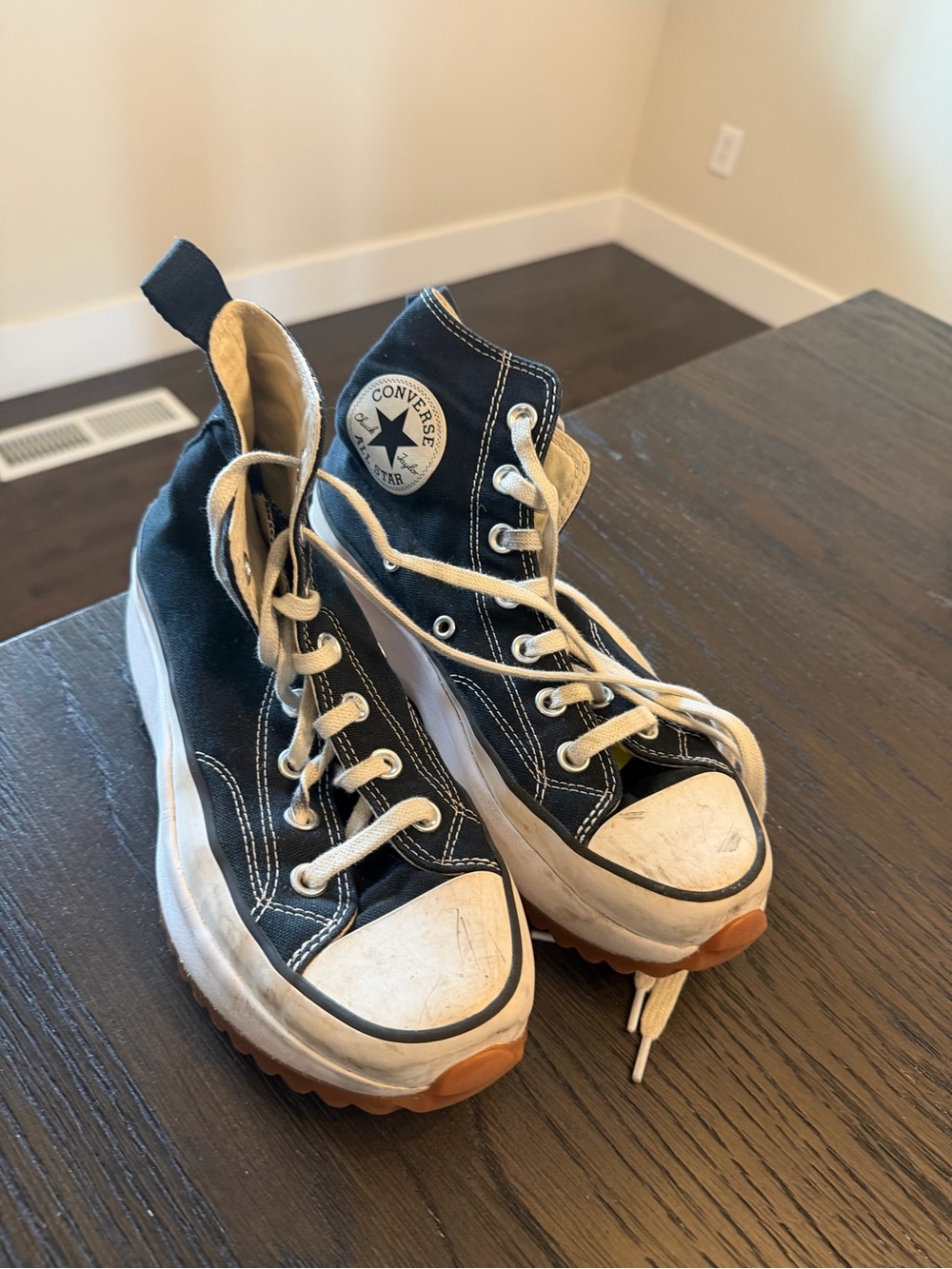 Converse Black High Top Sneakers with White Soles and Tan Outsoles